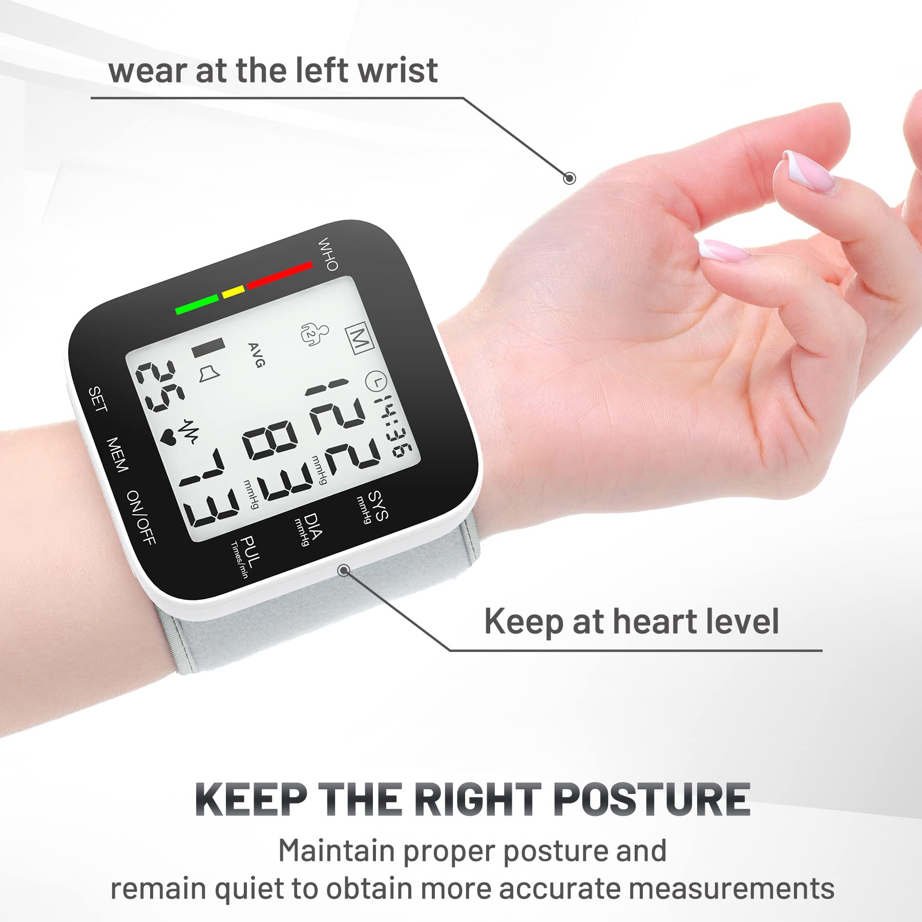 Blood Pressure Monitor Automatic Large LCD Display Adjustable Wrist Cuff Dual 99 Reading Memory Digital Portable Machine for Home Use with Carrying Case