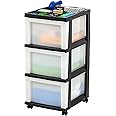 IRIS USA Plastic Drawer Storage Organizer Rolling Cart, with Wheels Casters, 3-Drawers, for Classroom Art Craft Supplies Dresser Closet Bathroom Dorm Bedroom Laundry Room, Black/ Pearl