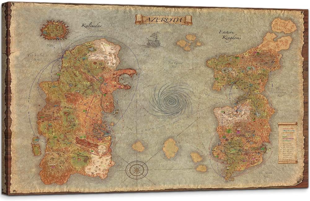YOUHONG Retro World Map of Warcraft Wall Poster Map Painting Wall Decor Framed Azeroth Game Picture Artwork Ready to Hang for Boys Room Decor (24''H x 36''W)