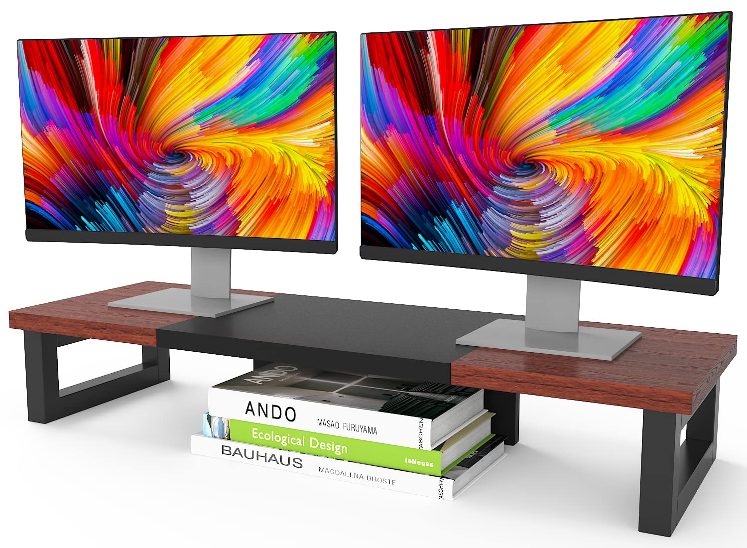 Photo 1 of WESTREE Dual Monitor Stand Riser, Wood and Steel Monitor Stand Riser, Computer Monitor Stand for 2 Monitors, Multi-Purpose Desktop Storage Stand for Computer,Laptop,Printer,TV