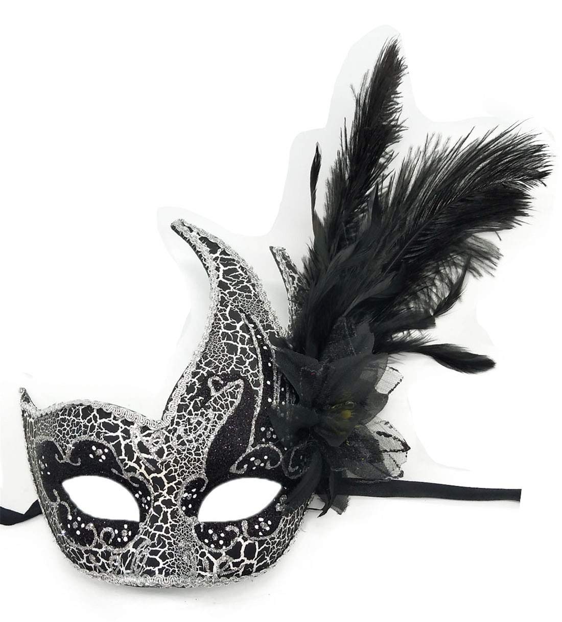 Coolwife Costume Mask Feather Masquerade Mask Halloween Mardi Gras Cosplay Party Masque (Full Crack Black)