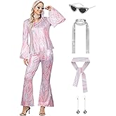 FEELJAM 70s Disco Outfits for Women, Retro 8 PCS Disco Costume with Top, Pants, Sunglasses, Ring, Earrings, Wigand