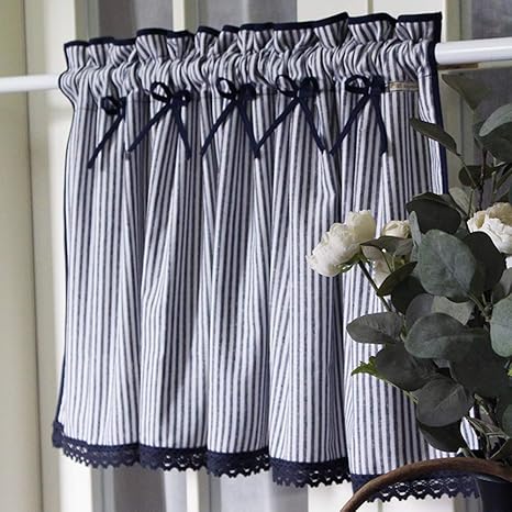 Amazon Facc カフェ カーテン おしゃれ 青と白のストライプ カフェ カーテン レースコットン 小 窓 カーテン 手作り ダストレースエッジ キッチン カフェ カーテン カフェカーテン オンライン通販