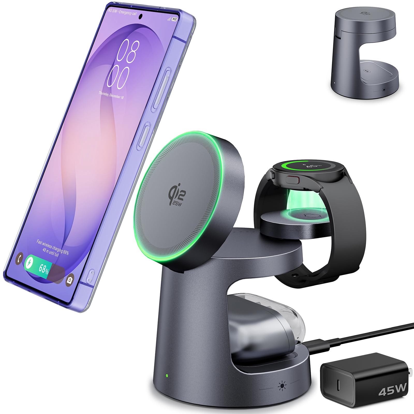 Qi2 Certified Magnetic Wireless Charger for Samsung, 3-in-1 Fast Mag-Safe Charging Station with Night Light,Compact Travel Charger Stand for S26 Ultra/S25 Ultra &Galaxy Watch Ultra 8/7