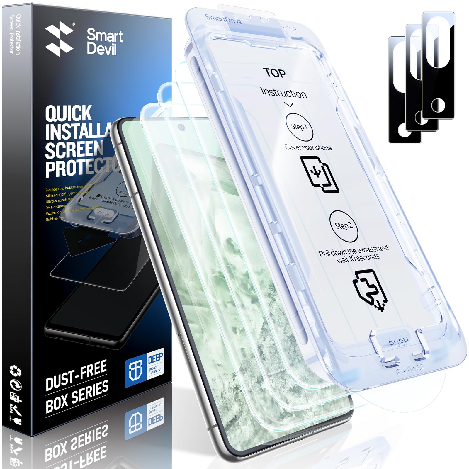 Photo 1 of SMARTDEVIL [3+3 Pack for Google Pixel 8 Screen Protector with Camera Lens Protector, Finger Print Reader Compatible, Fast & Easy Installation, Clear 9H Tempered Glass Film, Alignment Frame