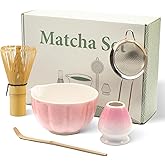 Matcha Whisk Set, 5 Pack Matcha Set Includes 15 OZ Ceramic Bowl with Spout, Bamboo Whisk, Holder, Scoop & Sifter, Complete Matcha Kit for Matcha Lovers and Tea Ceremony (Pink)