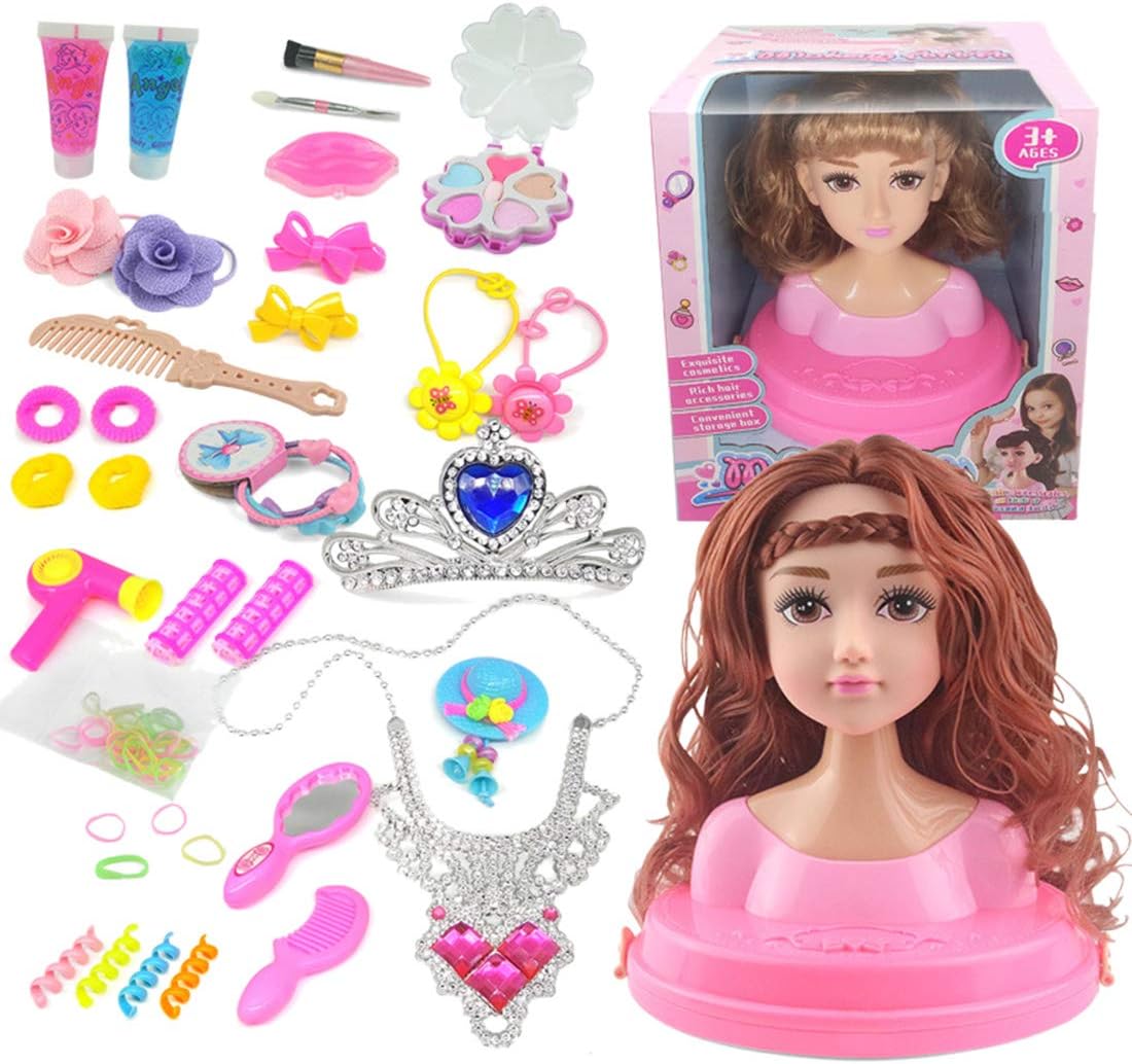 XSHION Deluxe Kids Styling Doll Head for Hair Styling and Makeup, Head Doll Playset with Beauty and Fashion Accessories Gift for Girls Age 3-5