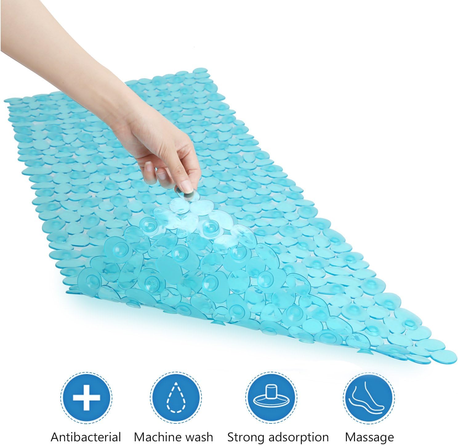Grilldom Non Slip Bathtub Mat, Extra Long Shower Mat with Anti Slip Suction Cups, Premium Mildew Resistant Pebbles, Antibacterial Machine Washable (Blue: Rectangle 16" x 35") (Green)