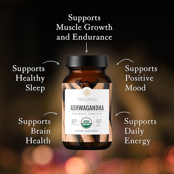 TRUVANI ORGANIC ASHWAGANDHA | DAILY ENERGY, POSITIVE MOOD SUPPORT, SUPPORTS BRAIN HEALTH | SUPPORTS MUSCLE GROWTH AND ENDURANCE | HEALTHY SLEEP SUPPORT | NON-GMO | 30 DAY SUPPLY