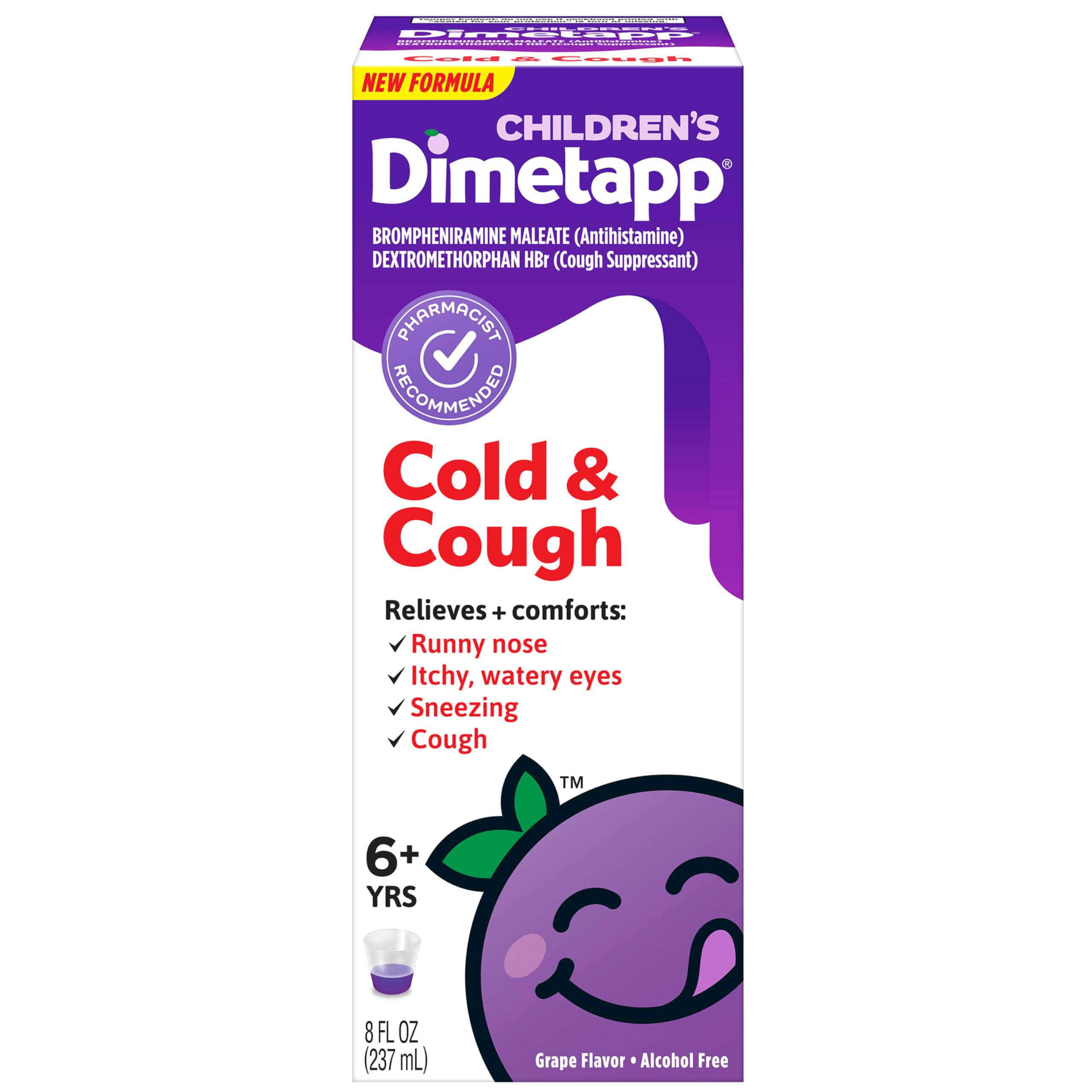 Children’s Dimetapp Cold & Cough Medicine, Antihistamine, Runny Nose, Sneezing, Itchy, Watery Eyes, Grape Flavor, Alcohol & Phenylephrine-Free, 8 Fl Oz