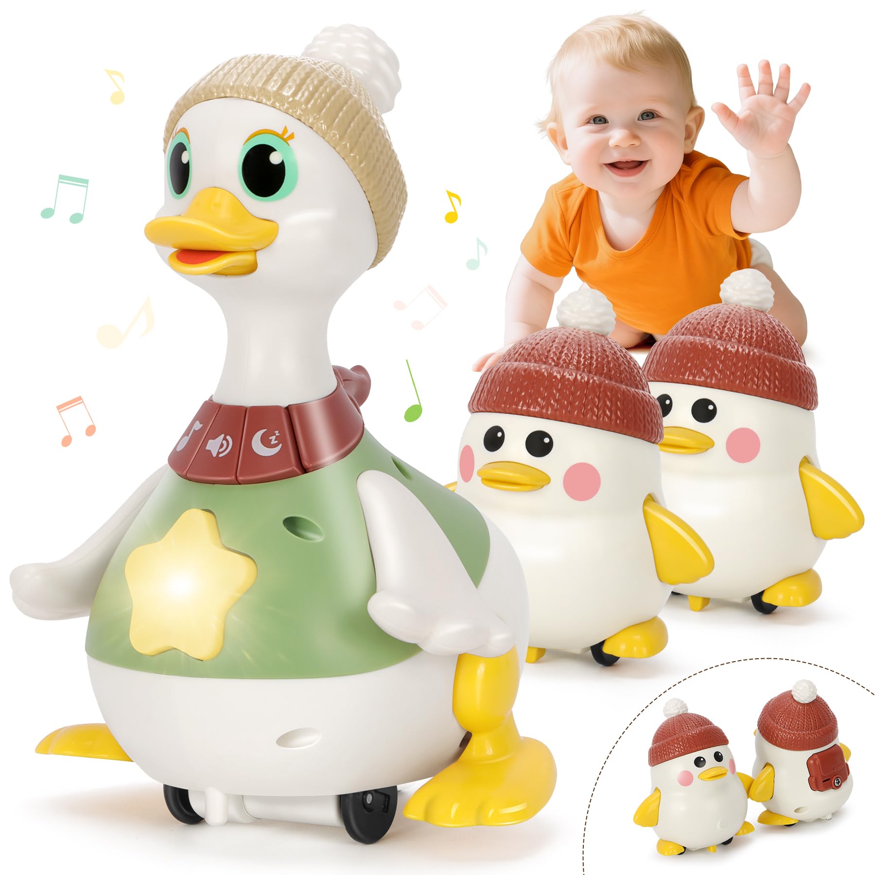 Aolieh Baby Toys 6-12 Months Crawling Toys with Lights and Music, Musical Dancing Duck Toy Set with Mama and Babys Tummy Time Toys Gift for Boys Girls 1 Year Old Easter Gifts Stocking Stuffers
