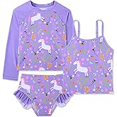 swimsobo Girls 3-Piece Swimsuit Size 3-10Y Bahting Suit Long Sleeve Rash Guard Tankini Sets UPF Sun Protection