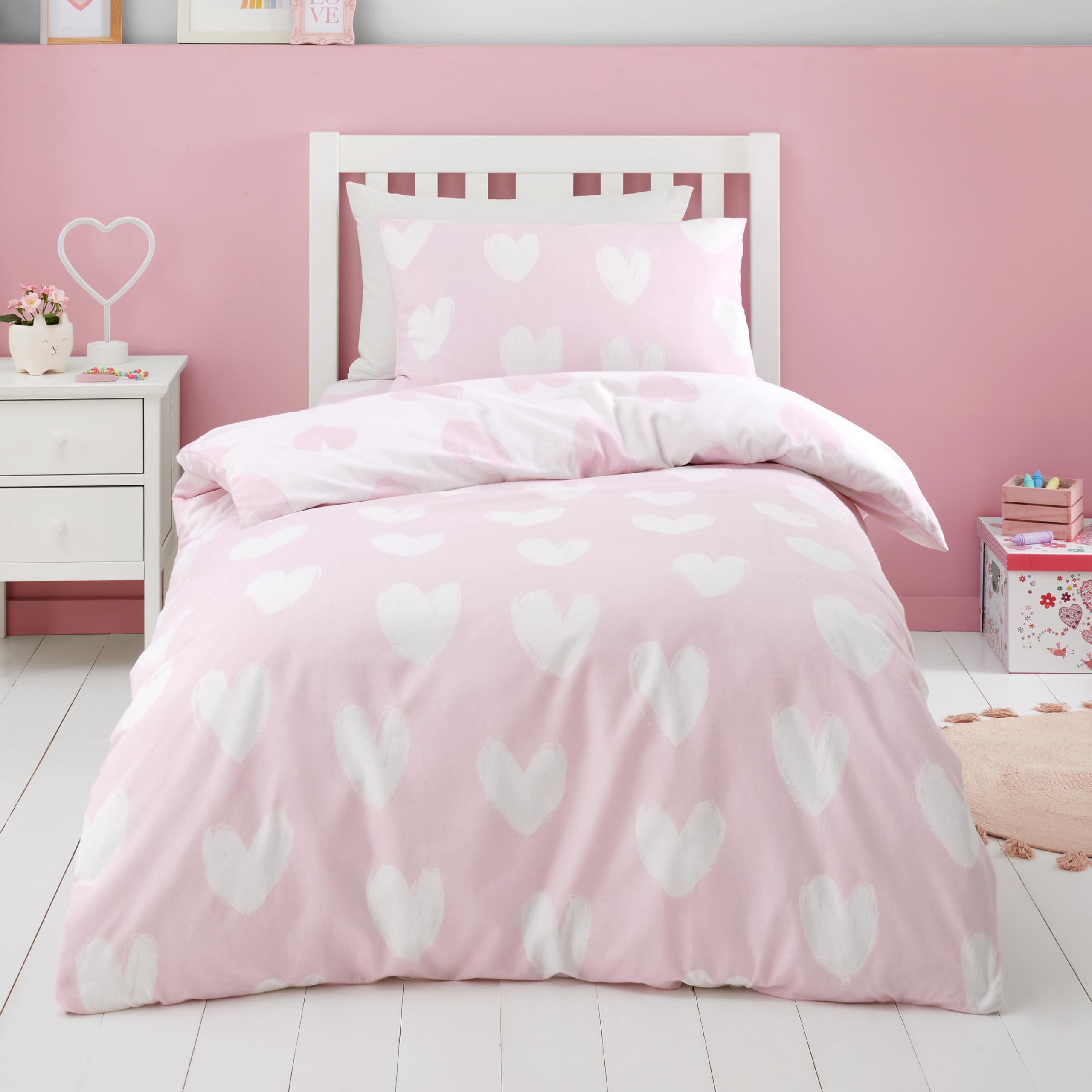 Catherine Lansfield Brushed Cotton Hearts Reversible Single Duvet Cover Set with Pillowcase Pink