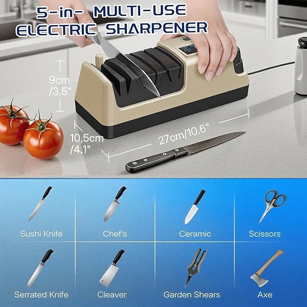 PROFESSIONAL 5-IN-1 ELECTRIC KNIFE SHARPENER W/LCD, SCISSOR SHARPENER WITH 3-SPEED & 100% DIAMOND ABRASIVES -PRECISION ANGLE GUIDES SHARPENS STRAIGHT, SERRATED, CLEAVER KNIVES