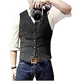 Bglddue Men's Suit Vests Wool Tweed Vest V Neck Slim Fit Waistcoat Formal Business Retro for Wedding