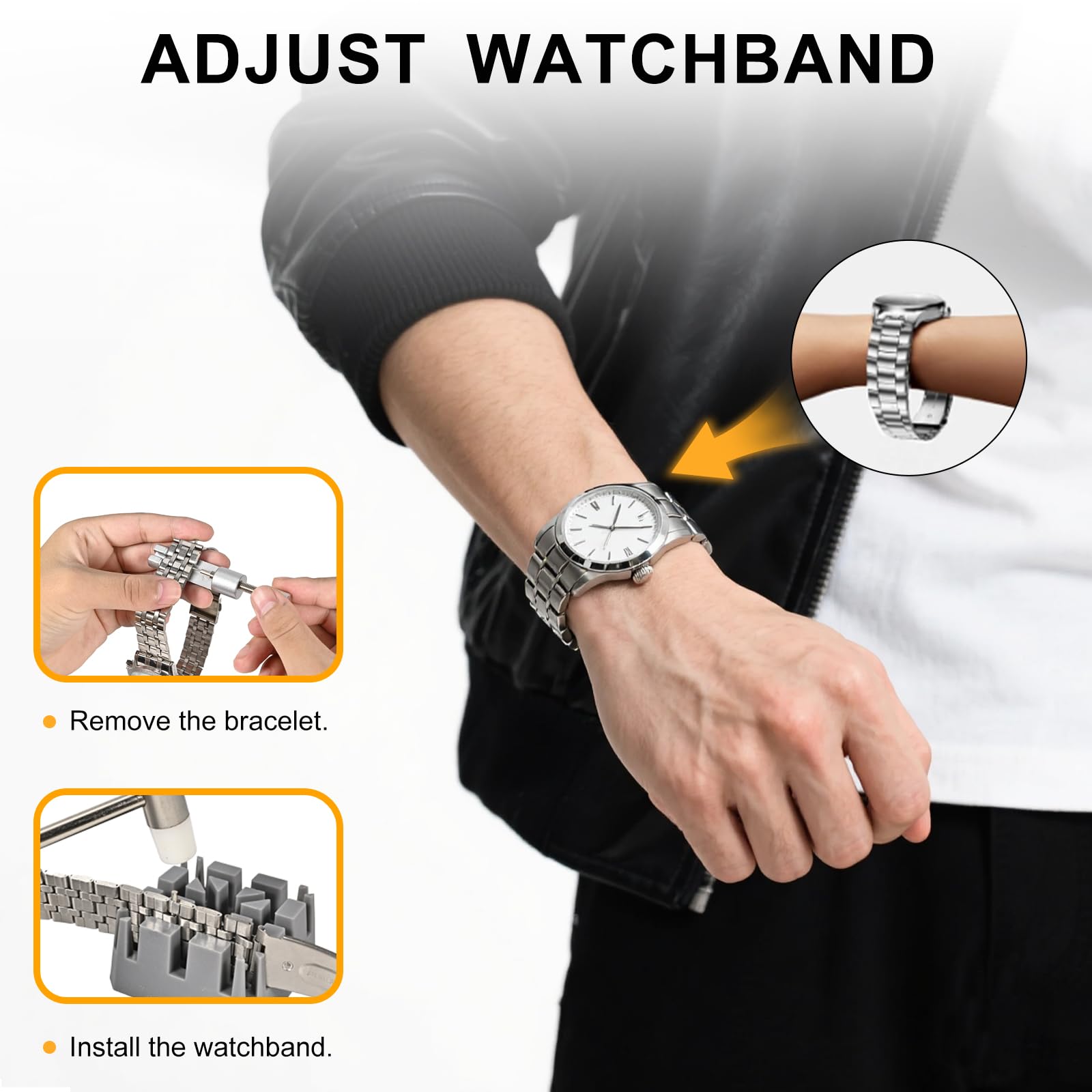 Watch Link Removal Kit, All Metal Watch Strap Link Removal, Sizing Kit with Pin Punches, Extra Pins, Hammer for Watch Band Strap Adjustment