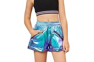 JXSTAR Girls Metallic Shorts Shiny Dance Outfits Sparkly Hot Pants Party Costumes Shorts with Zipper Pockets