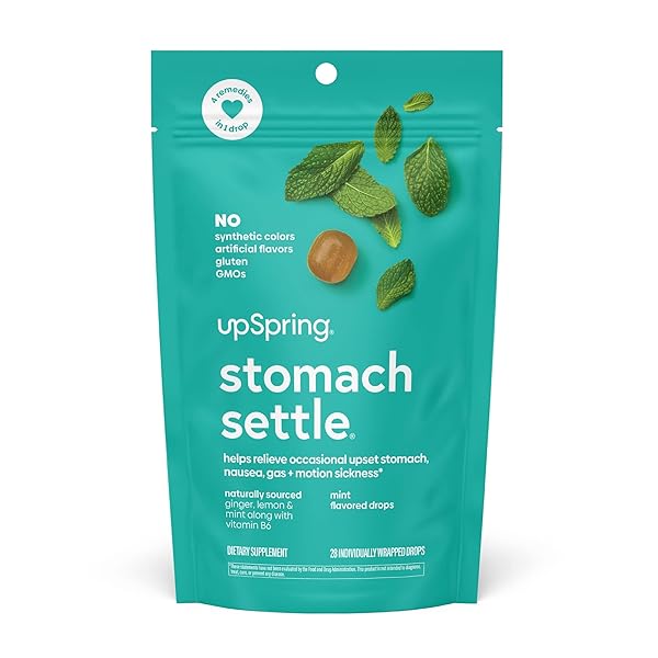 UPSPRING STOMACH SETTLE DROPS FOR OCCASIONAL NAUSEA RELIEF/UPSET STOMACH WITH GINGER, LEMON, SPEARMINT, AND B6. MINT FLAVOR DROPS, 28 CT(PACKAGING MAY VARY)