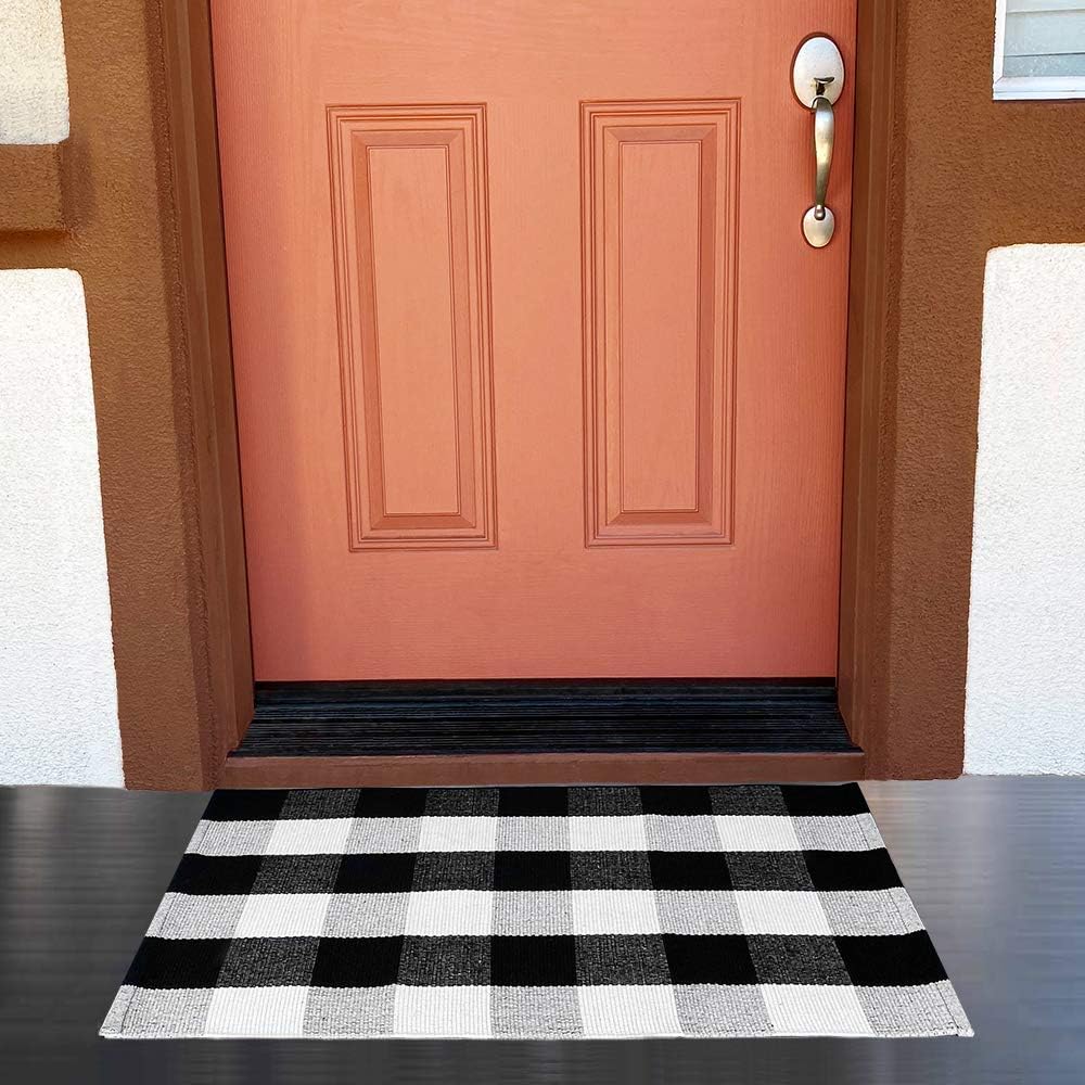 Cotton Buffalo Plaid Rug Check Doormat Checkered Area Rug Black and White Indoor/Outdoor Woven Checkered Plaid Rug Porch Kitchen Living Room Check Door Rug Washable Door Mat 2x3 ft