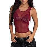 SweatyRocks Women's Sheer Mesh Tank Tops Crewneck Letter Print Shirts Slim Fitted Sleeveless Crop Tops