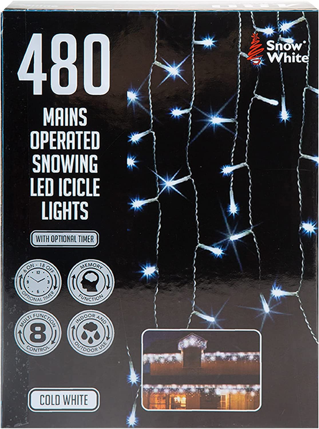 PMS VFM - 7. 6M Cold White Led Snowing Icicle Christmas Fairy Lights - Mains Operated 480 Bulbs Indoor & Outdoor with Optional Timer & Multi Function Controls