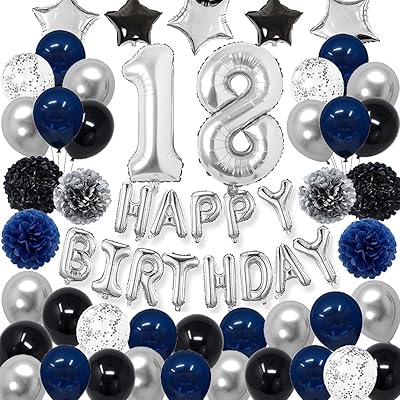 Buy Rbyoo 18th Blue Birthday Decorations For Men Boy Women Girl Navy Blue Black Silver Happy Birthday Party Supplies With Pom Poms Flower Confetti Balloon 18 Foil Number Balloon And Happy Birthday Banner