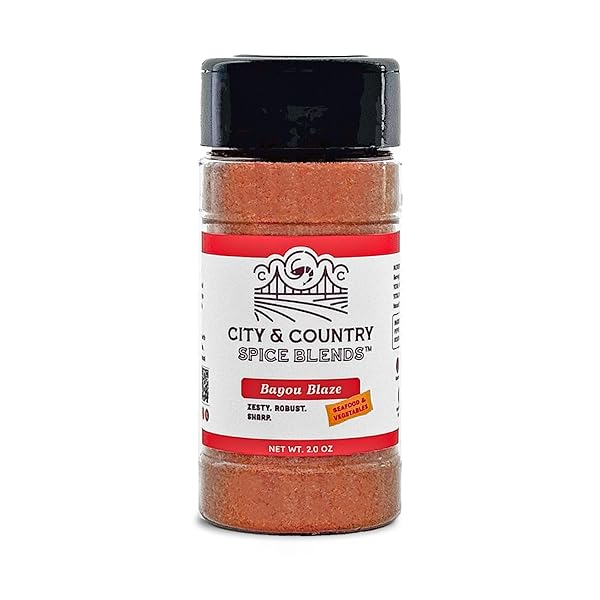 CITY & COUNTRY SPICE BLENDS BAYOU BLAZE CAJUN SEASONING. GOURMET, GREAT ON SEAFOOD & VEGGIES. NO ARTIFICAL COLORS OR FLAVORINGS. KOSHER. NO MSG. GLUTEN-FREE. 2.0OZ