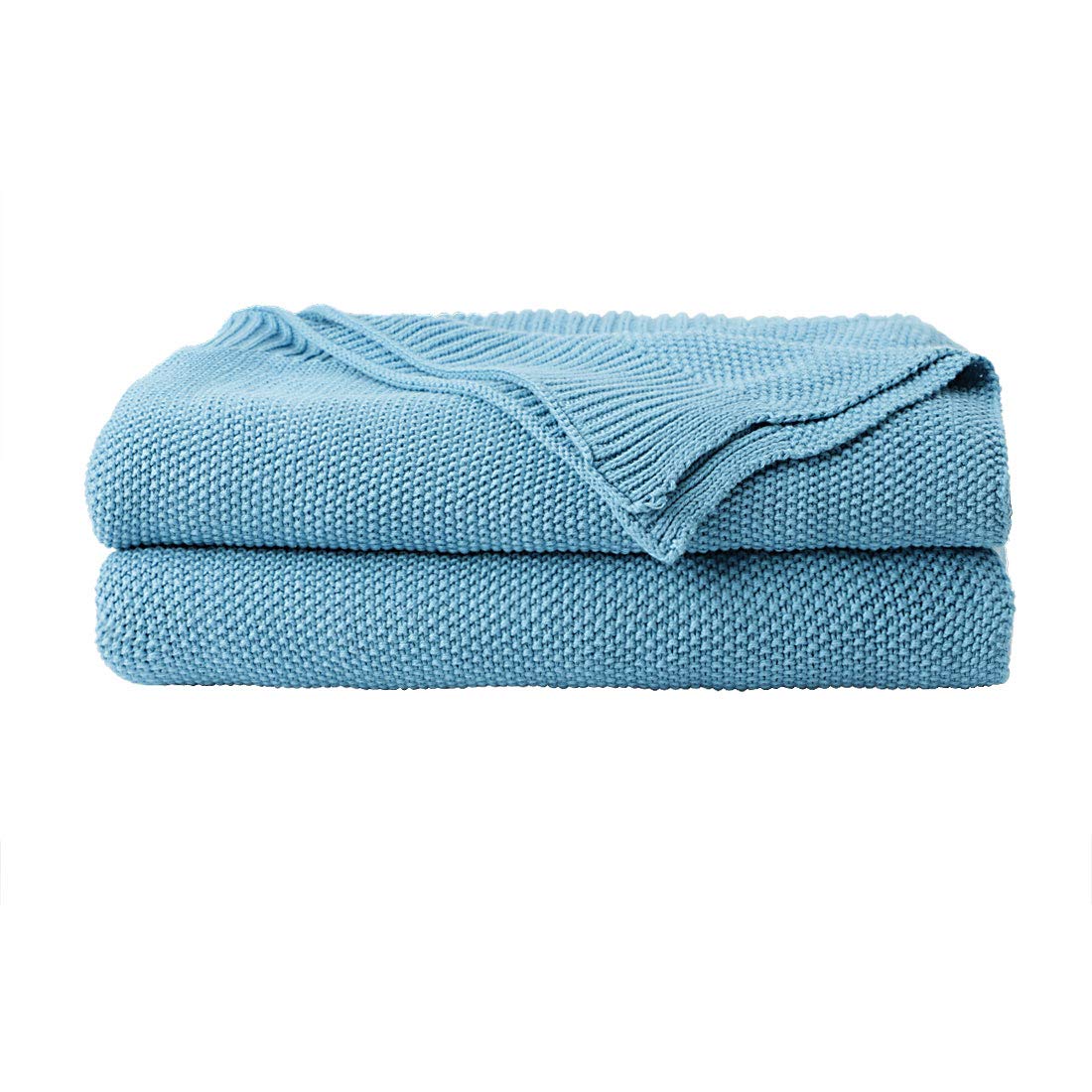 PiccoCasa 100% Cotton Knit Throw Blanket,Solid Lightweight Decorative Throws and Blankets,Soft Knitted Throw Blanket for Sofa Couch, Horizon Blue 50" x 60"