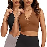 ODODOS 2-Pack Seamless Henley Crop for Women Open Back Ribbed Tank Button-up Cropped Top
