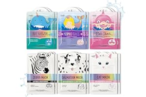 Epielle Character Sheet Masks | Dalmatian, Zebra, Cat, Shark, Narwhal, Mermaid Scale | Animal Spa Mask Korean Beauty Mask -For All Skin Types, (Pack of 12) | Birthday Party Gift for her kids, Spa Day