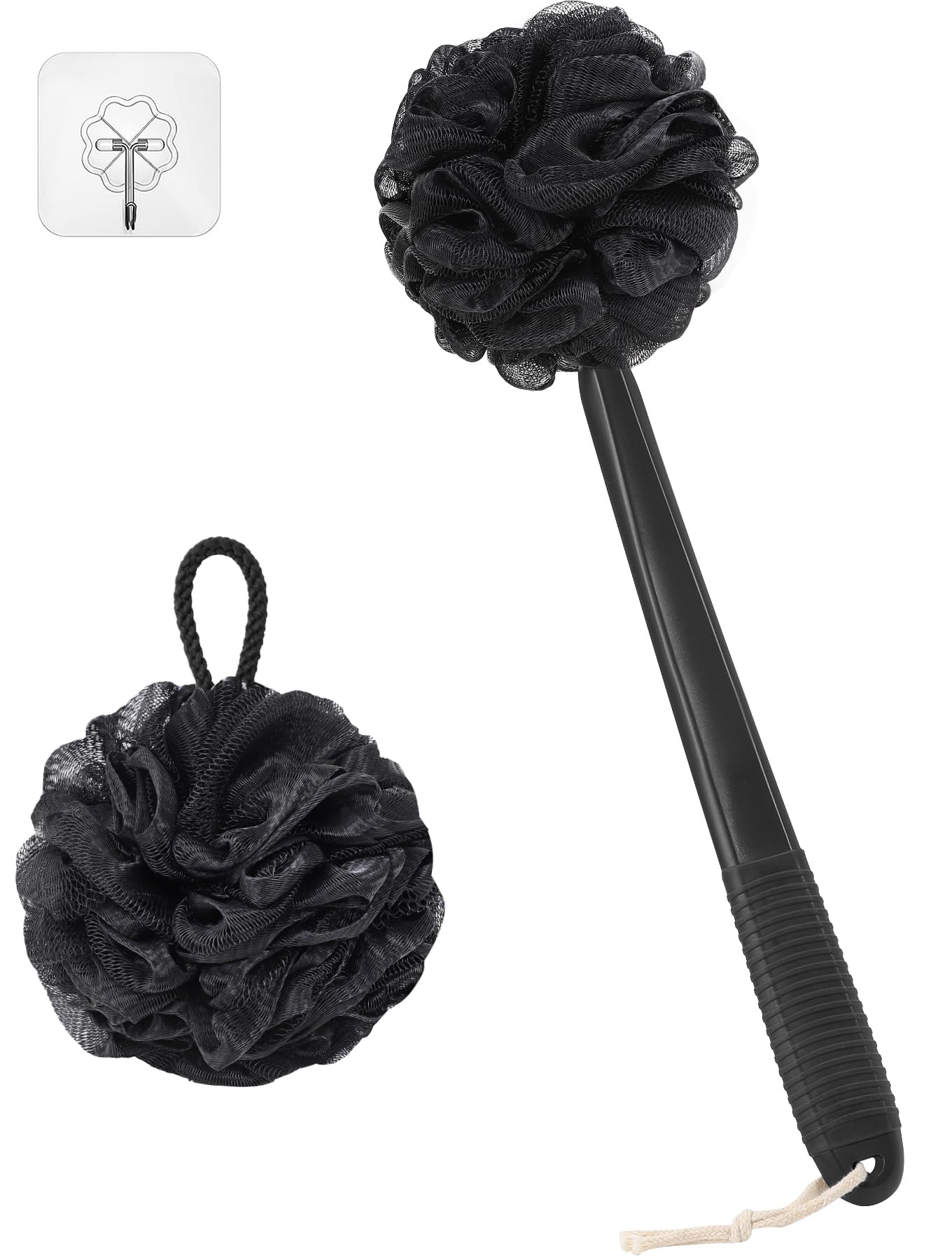 ROLIZOE 17in Back Scrubber Shower Puff Set, Non-Slip Plastic Handle Bath Sponge & Loofah on a Stick, Black