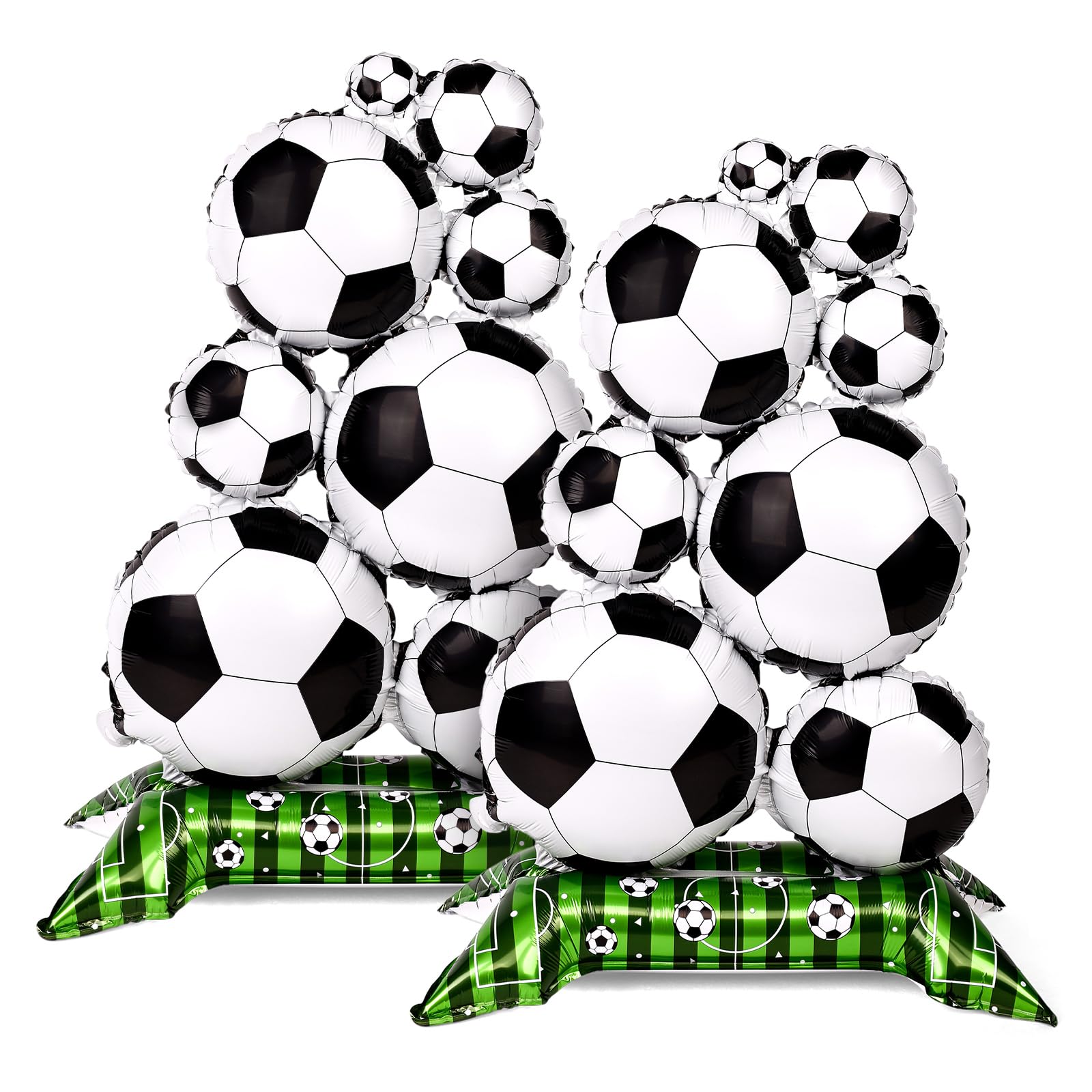 2pcs Self-Standing Soccer Foil Balloons, 98cm/38.6in Football Themed Balloons Party Decorations with Green Field Base for Kids Boys Fans Birthday Sports Ball Events Celebration Supplies