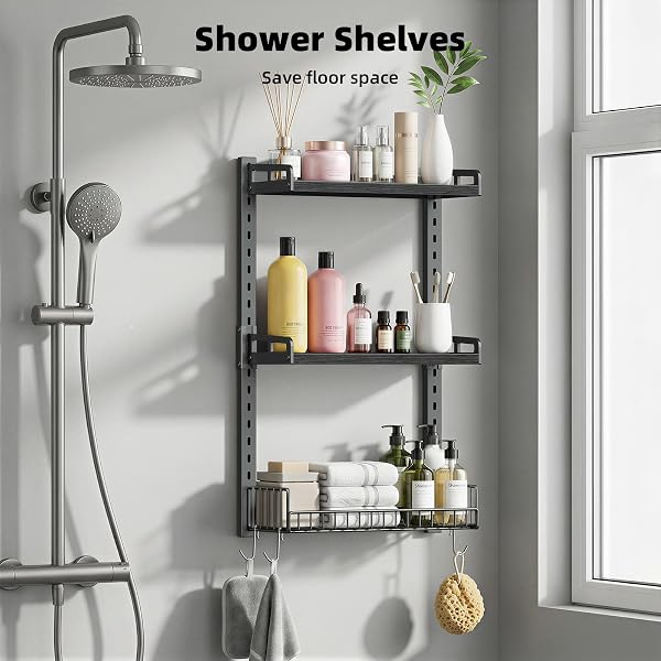 KALRIN 3 TIER BATHROOM SHELVES OVER TOILET – WALL MOUNTED FLOATING SHELVES WITH DRAIN BASKET, TOILET PAPER STORAGE, HEIGHT ADJUSTABLE OVER THE TOILET STORAGE, PURE BLACK