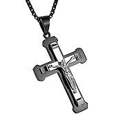 HZMAN Men's Jesus Stainless Steel Pendant Necklace Silver Gold Black Multicolor Cross, 22 + 2 Inch Chain