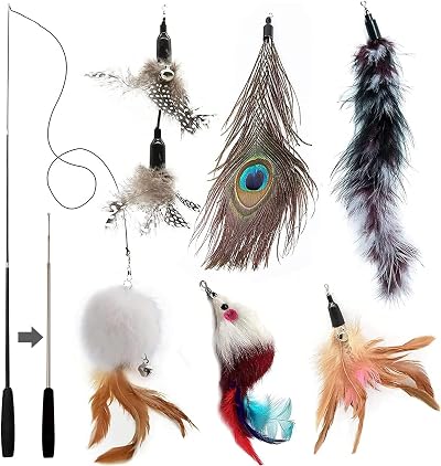 MAIYADUO Cat Toys Interactive Wand 6Pcs Feather Teasers 80cm for Indoor Cats