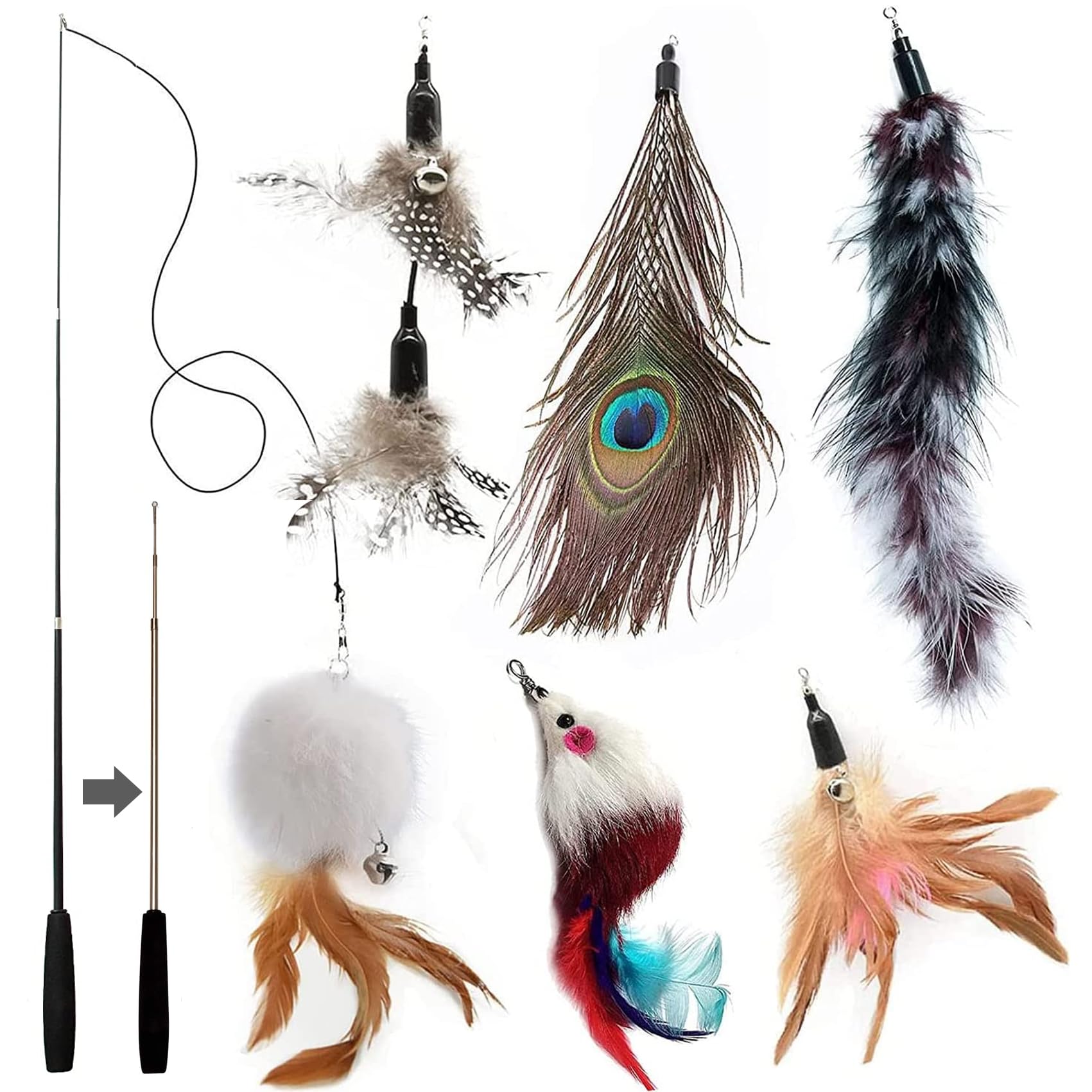Cat Toys, Cat Feather Toys, Interactive Cat Teasers Wand Toys 6Pcs, Cat Toys for Indoor Cats Adult Kitten