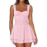 IWD Women's Square Neck Sleeveless Mini Dress Ruched Waist Tiered Ruffle Hem A Line Short Dresses