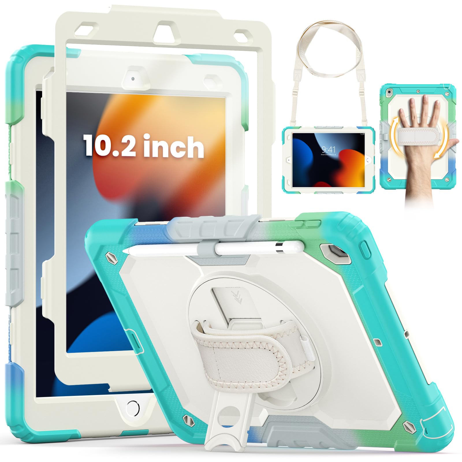 SEYMCY for iPad 9th/8th/7th Generation Case Kids 10.2 inch, Shockproof Sturdy with Rotating Hand Strap & Stand, Screen Protector, Shoulder Strap, Pen Holder for iPad Cover 2021~2019, Beige Sky Blue