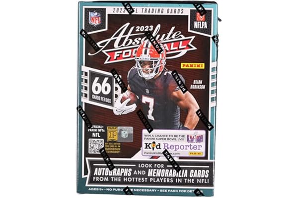 2023 Panini Absolute NFL Football Factory Sealed Hobby Blaster Box 66 Cards (6 Packs of 11 Cards) Official NFL Licensed Trading Cards Chase autograph and Memorabilia rookie cards of the 2023 Rookies such as Bryce Young, Bijan Robinson and CJ Stroud Look for 3 Blaster Exclusive Purple Parallels per box Chase the Ultra-Rare Kaboom and Explosive Inserts See scans for more details on the product hits Blasters are my personal favorite to rip