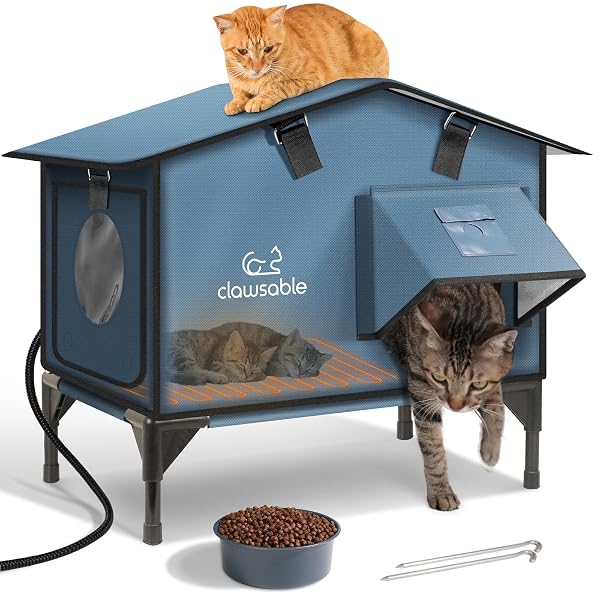 UPGRADED HEATED CAT HOUSE FOR OUTSIDE ESCAPE DOOR, HIGHLY INSULATED HEATED OUTDOOR CAT HOUSE WATERPROOF AWNING, WEATHERPROOF OUTDOOR FERAL CAT SHELTER FOR STRAY WINTER