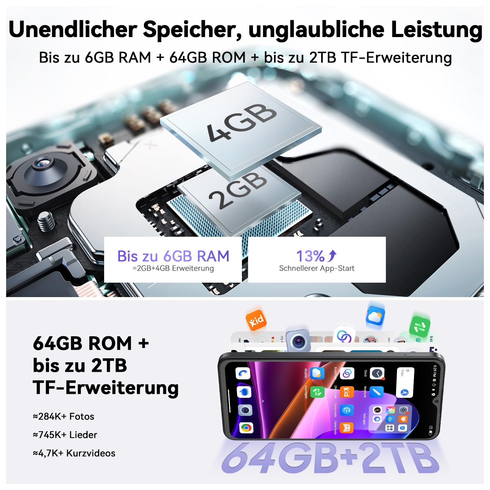 OSCAL Flat 2C Mobile Phone Without Contract Android 14, 6GB + 64GB/2TB TF, Octa-Core 6.56 Inch HD+, 5000 mAh Battery, 13MP + 8MP Camera, 4G Dual SIM Smartphone Without Contract Cheap Simlock-Free