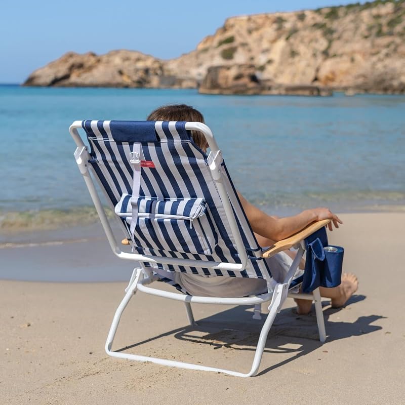 Pack di 2 Sedie da Spiaggia - Reclinabile 5 Posizioni - Tasca Termica - Tasca per Cellulare - Maniglie Tipo Zaino - Cuscino Ergonomico - Alluminio e Poliestere - Blu Navy