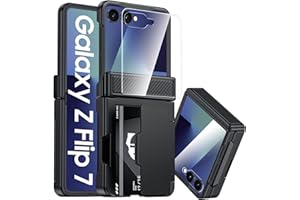 C CENMASO CENMASO for Samsung Galaxy Z Flip 7 Case with Card Holder [RFID Blocking] & Hinge Protection & HD Screen Protector, Rugged Anti-Scratch Full-Body Shockproof Phone Case for Z Flip 7-Black