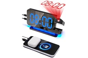 COOLNIGHT LED Digital Mirror Clock for Bedroom Ceiling - 6.5'' 180 Projection Alarm Clock with 6-Level Dimmer, 11 Colors & USB C Port