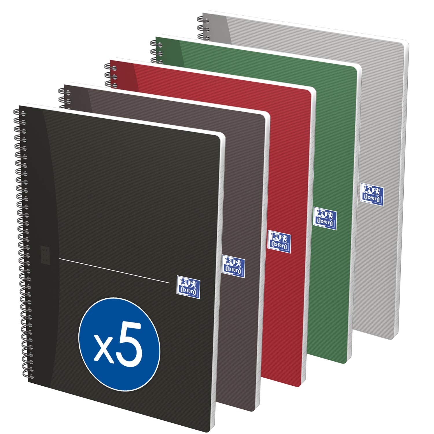 OXFORD Pack of 5 Essentials A4 Large Squared Notebooks Seyès 180 Pages Spiral Bound Card Cover Assorted Colours