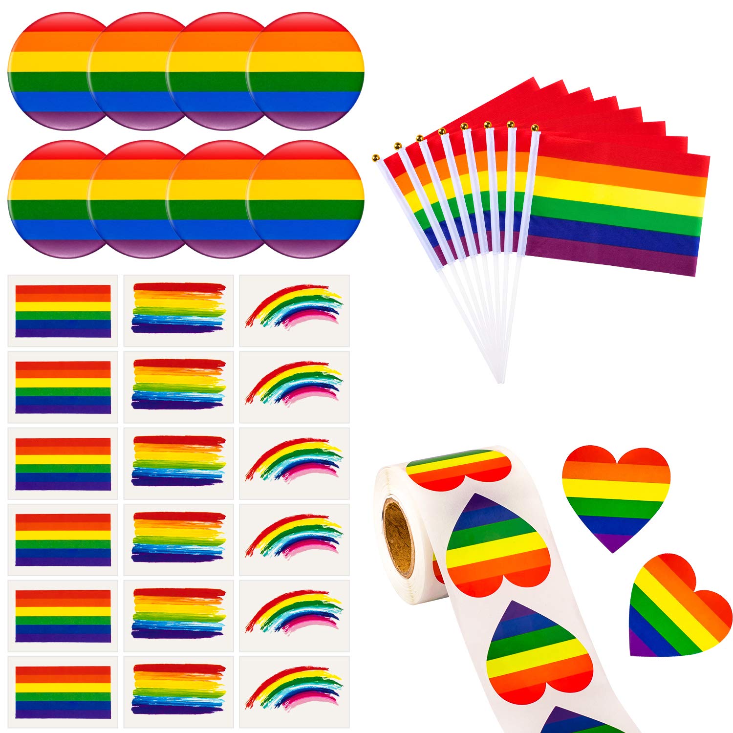 Whaline 318 PCS Rainbow Gay Pride Set,30 Small LGBT Handheld Stick Flags,30 Gay Pride Tattoos,1 Roll of Heart Rainbow Stickers and 8 Rainbow Button Pins, for Gay Pride Parade Carnival Party Decoration