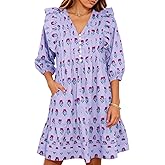 Wenrine Womens Boho Floral Mini Dress Casual Ruffle 3/4 Lantern Sleeve V Neck Loose Babydoll Dresses Violet