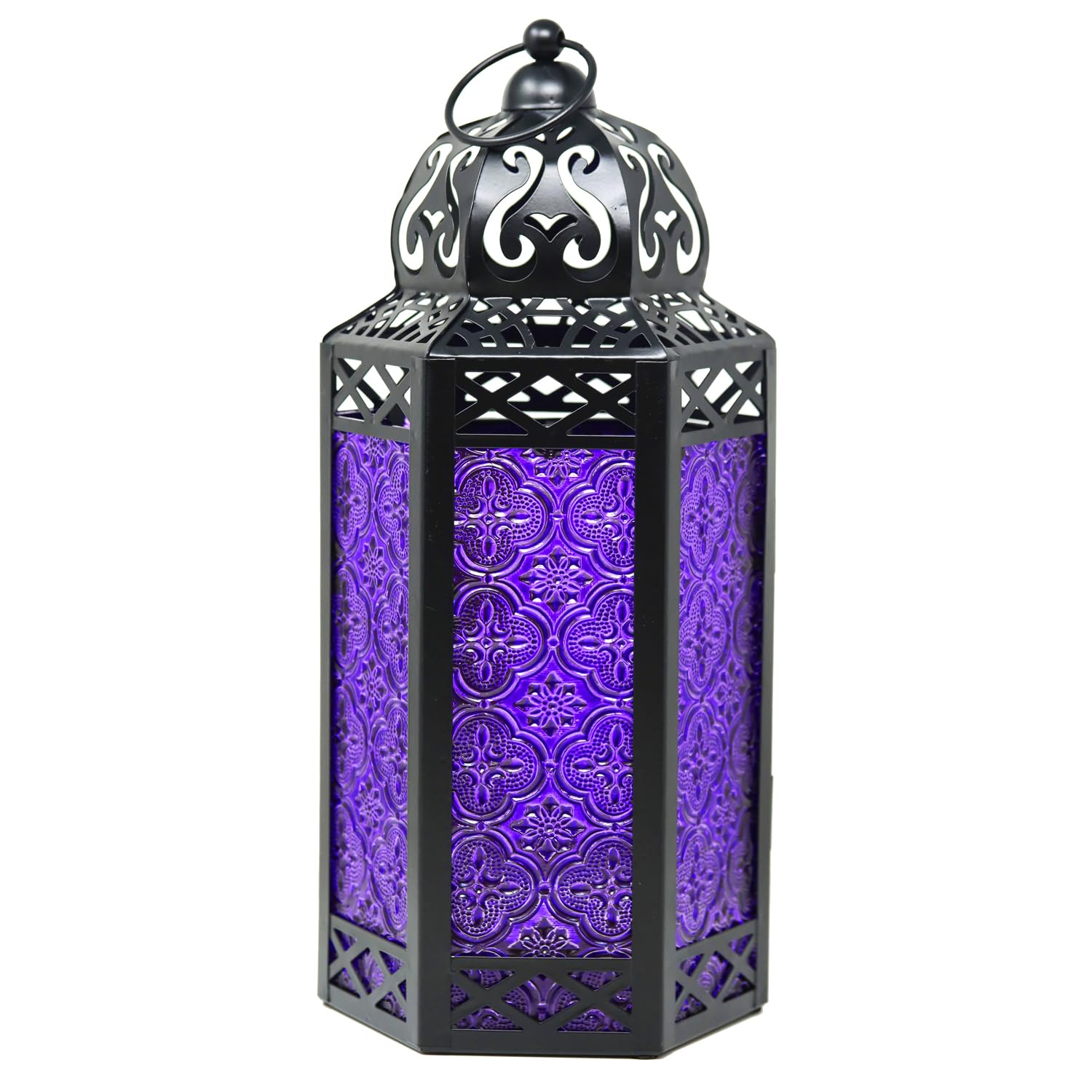 Black Metal Decorative Moroccan Lantern Candle Holders Lamp for Indoor or Outdoor Gothic Home Decor, Large, Purple