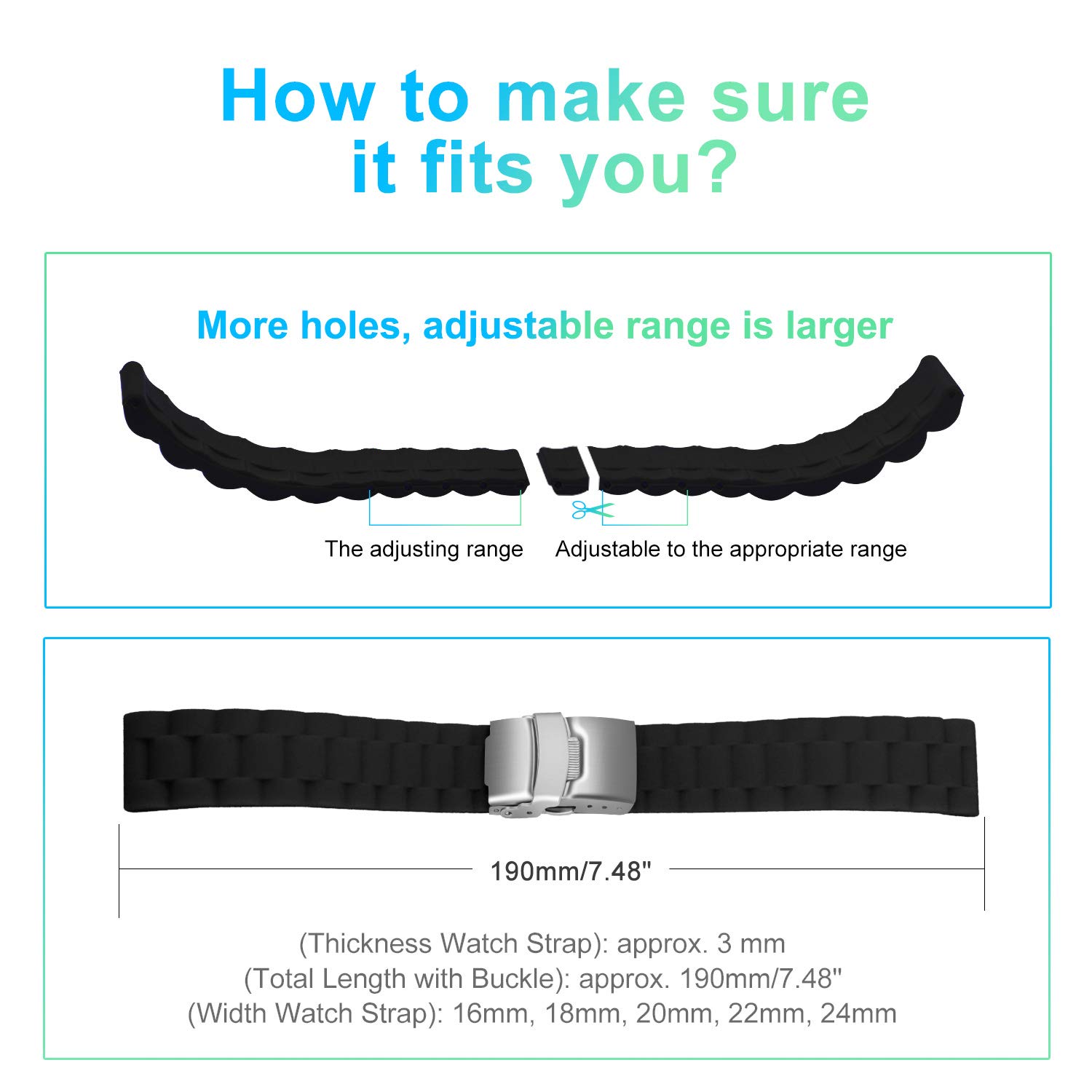 ULLCHRO Silicone Watch Strap Replacement Rubber Watch Band Waterproof Link Pattern - 16mm, 18mm, 20mm, 22mm, 24mm Watch Bracelet with Stainless Steel Deployment Buckle