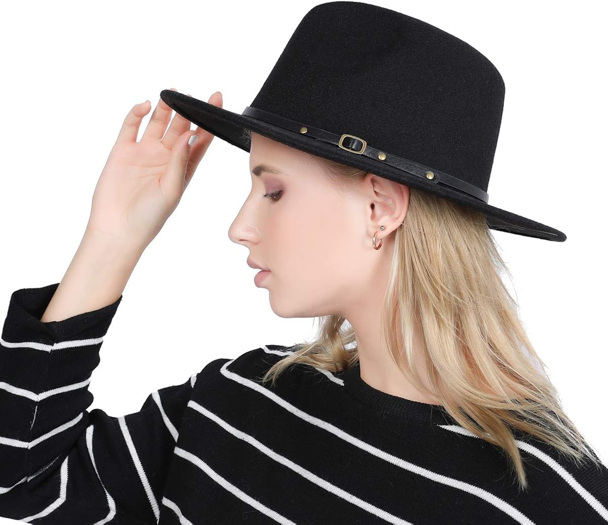 Lanzom Women Lady Retro Wide Brim Floppy Panama Hat Belt Buckle Wool Fedora Hat (Black, One Size) at  Women’s Clothing store